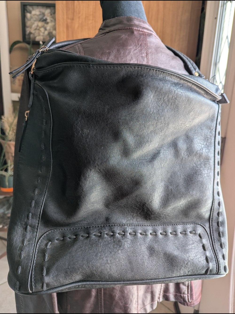 Black Leather Shoulder Tote with Stitched Panel Detailing